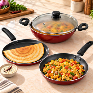MIGO 4-Piece Nonstick Cookware Set | 3mm Aluminium | 3-Layer Coating | 24cm Tawa, Fry Pan & Kadai with Glass Lid