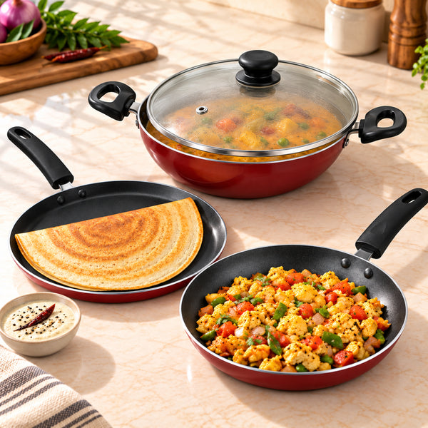 MIGO 4-Piece Nonstick Cookware Set | 3mm Aluminium | 3-Layer Coating | 24cm Tawa, Fry Pan & Kadai with Glass Lid
