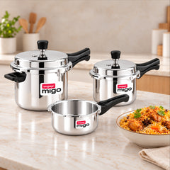 MIGO 2L, 3L & 5L Aluminium Pressure Cooker Combo | Induction Base | Gas & Multi-Cooktop Compatible | Pack of 3