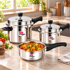 MIGO IFC 2L,3L & 5L Stainless Steel Pressure Cooker Set | Induction Base | Outer Lid | Sandwich Bottom | Gas & Induction Compatible | 5-Year Warranty