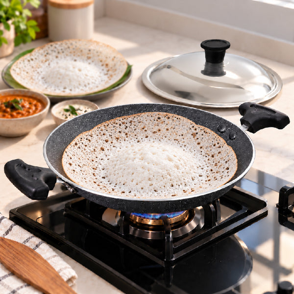 MIGO MAC 2030 Nonstick Granite Appachatty with Stainless Steel Lid | Aluminium Appam Pan | Bakelite Mounted Handle | Detachable Knob | 1 Year Warranty