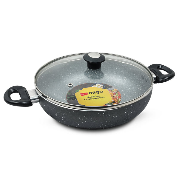 MIGO MKP 24 Non Stick Aluminium Kadai Pan with Glass Lid | Induction Base | Heatproof Handles | PFOA-Free | Heat-Resistant Exterior Paint