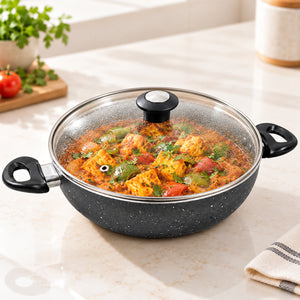 MIGO MKP 24 Non Stick Aluminium Kadai Pan with Glass Lid | Induction Base | Heatproof Handles | PFOA-Free | Heat-Resistant Exterior Paint