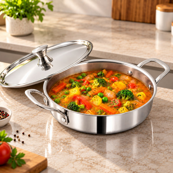 MIGO Stainless Steel Triply Kadai | Uniform & Quick Heating | Non-Rustic Material | Kadai 24 cm with Lid 2.9 Litre