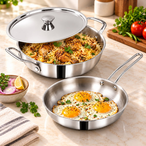 MIGO 3 Piece Stainless Steel Triply Cookware Set TKF 2422  | Kadai, Fry Pan, and Lid