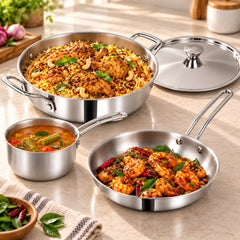 MIGO 4 Piece Stainless Steel Triply Cookware Set TKFM 426| Kadai, Fry Pan, Milk Pan and Lid
