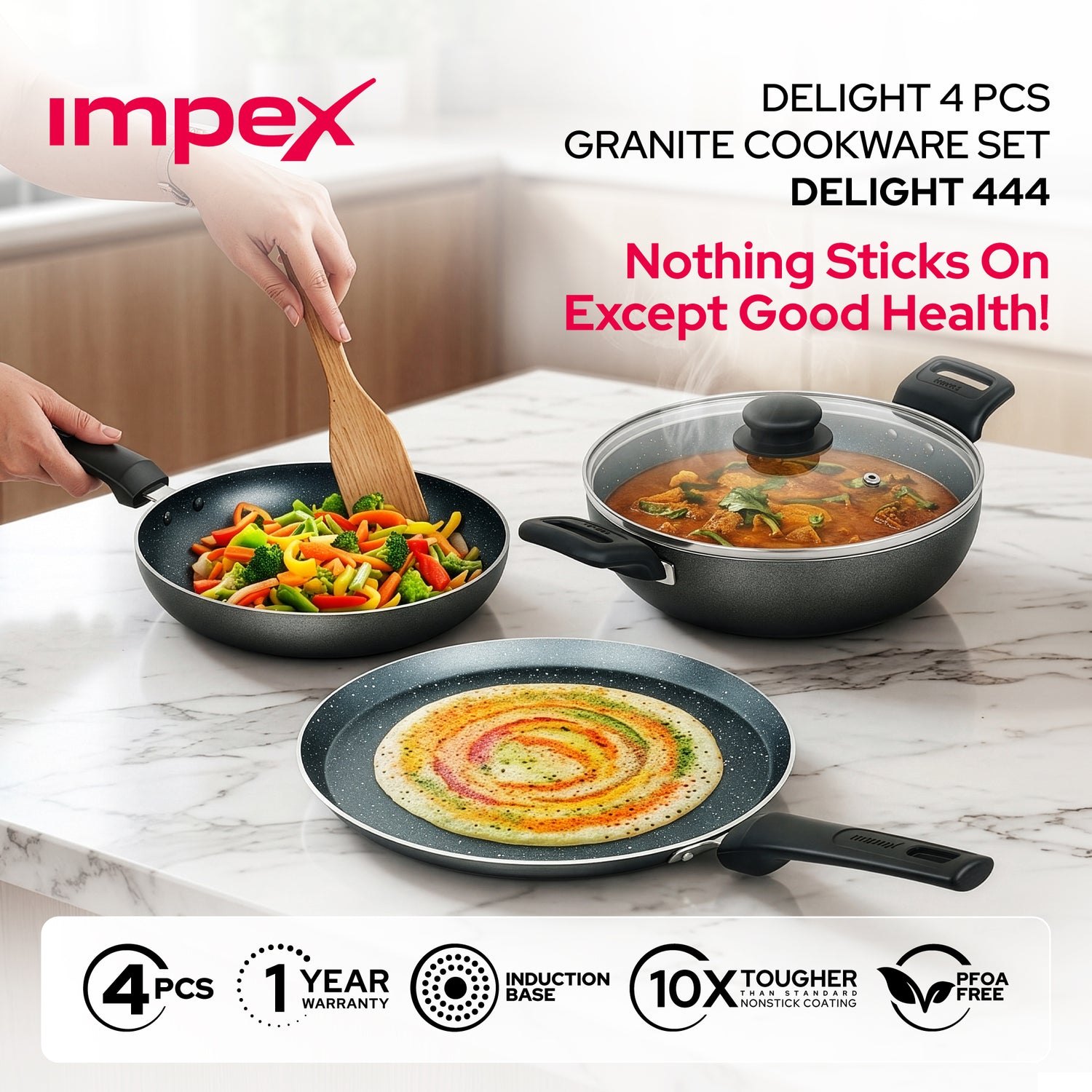 4 Piece Granite Cookware Set | Premium Non Stick Kitchen Cookware Set | PFOA Free | Easy Clean | Healthy Cooking