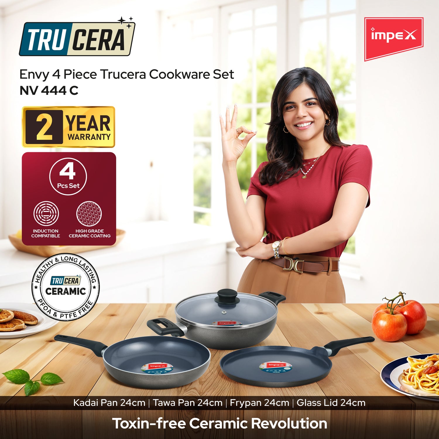 Impex ENVY NV 444 C TRUCERA 4-Piece Ceramic Non-Stick Cookware Set (Kadhai, Frypan, Tawa 24cm) - Induction Base, 2-Year Warranty
