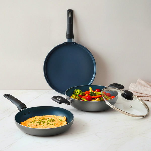 ENVY NV 444 C TRUCERA 4-Piece Ceramic Non-Stick Cookware Set | Induction & Gas Compatible | 24cm Kadhai, Frypan & Tawa with Glass Lid | 2-Year Warranty