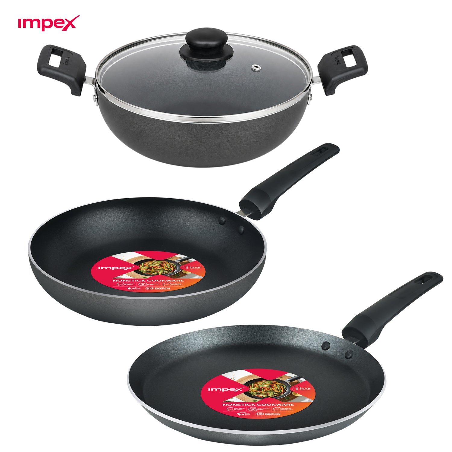 NV 444R 4-Piece Non-Stick Cookware Set | Tawa, Fry Pan & Kadai | Induction Compatible | 1 Year Warranty