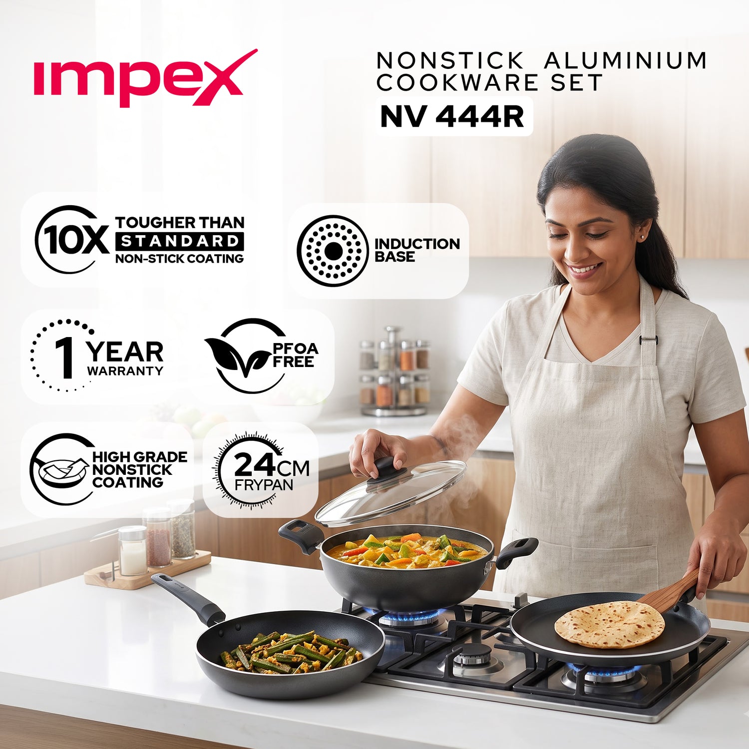 NV 444R 4-Piece Non-Stick Cookware Set | Tawa, Fry Pan & Kadai | Induction Compatible | 1 Year Warranty