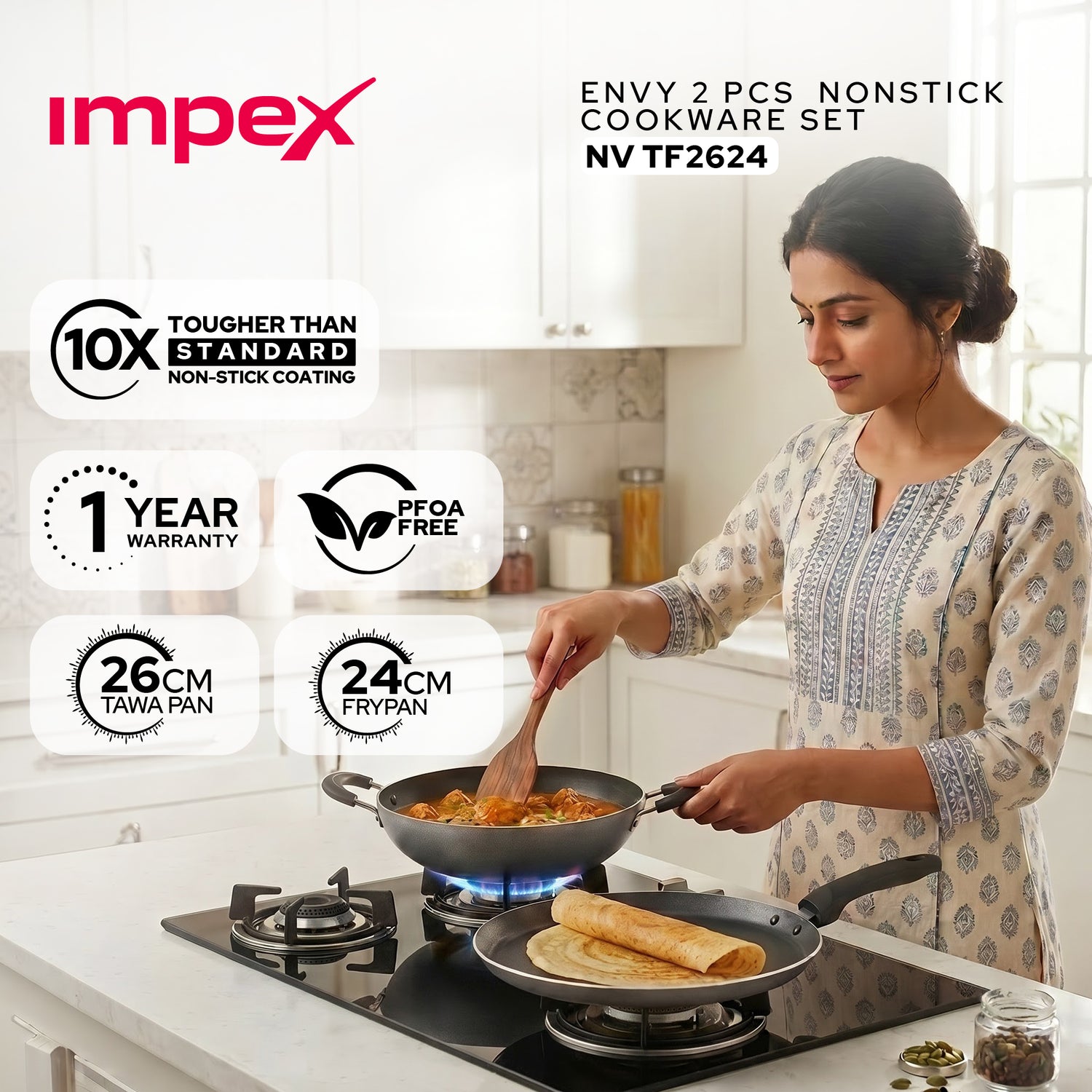 NVTF 2624 Non-Stick Cookware Set | 26cm Fry Pan & 24cm Tawa | Induction Compatible | 1 Year Warranty