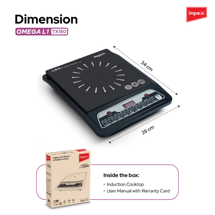 Impex OMEGA L1 TX180 Induction Cooker with 1800W Power | 6 Cooking Modes, LED Display & Timer