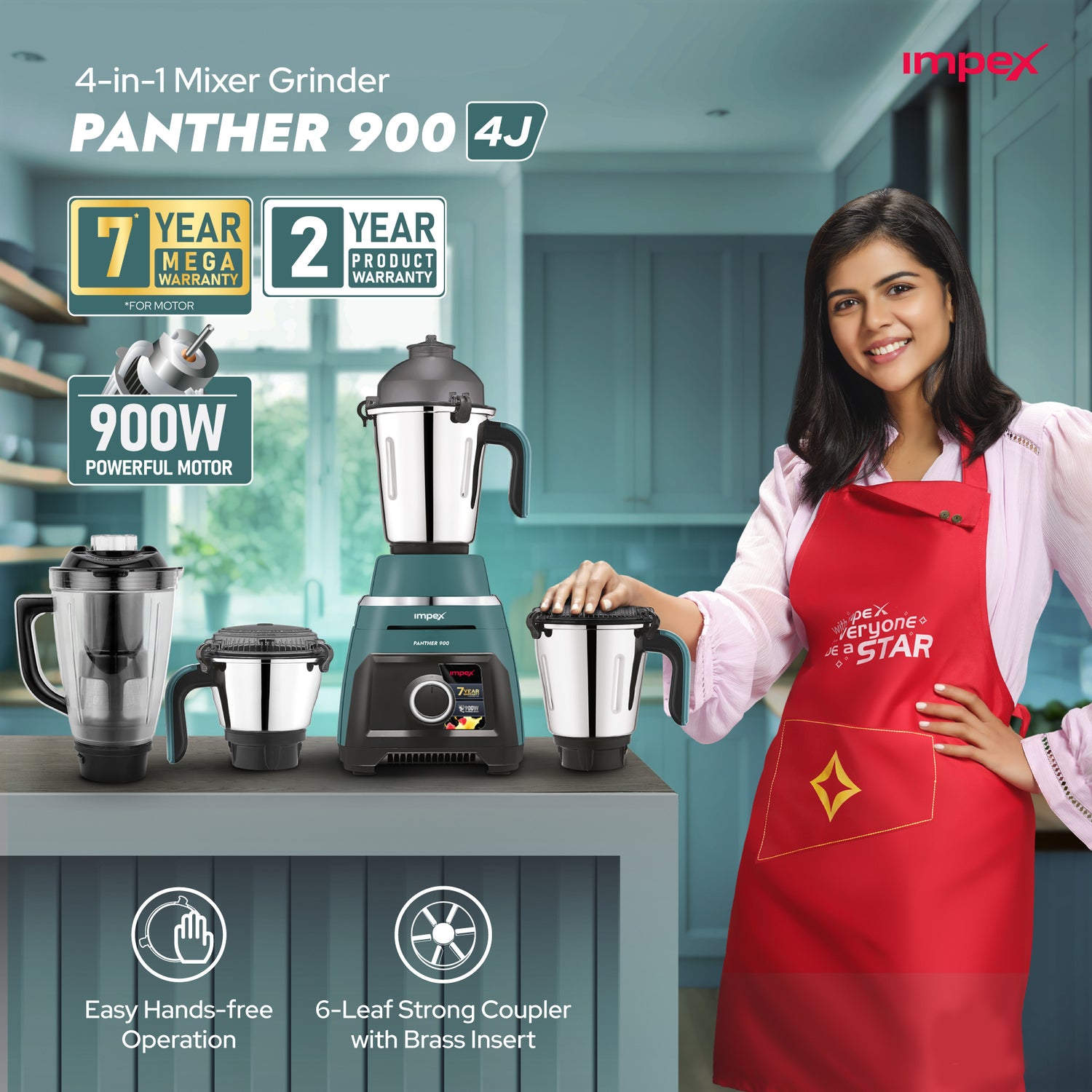 Mixer Grinder Panther 900 4J (Green Black) | 900W Motor | 1.5L Juicer Jar | 7-Year Motor Warranty