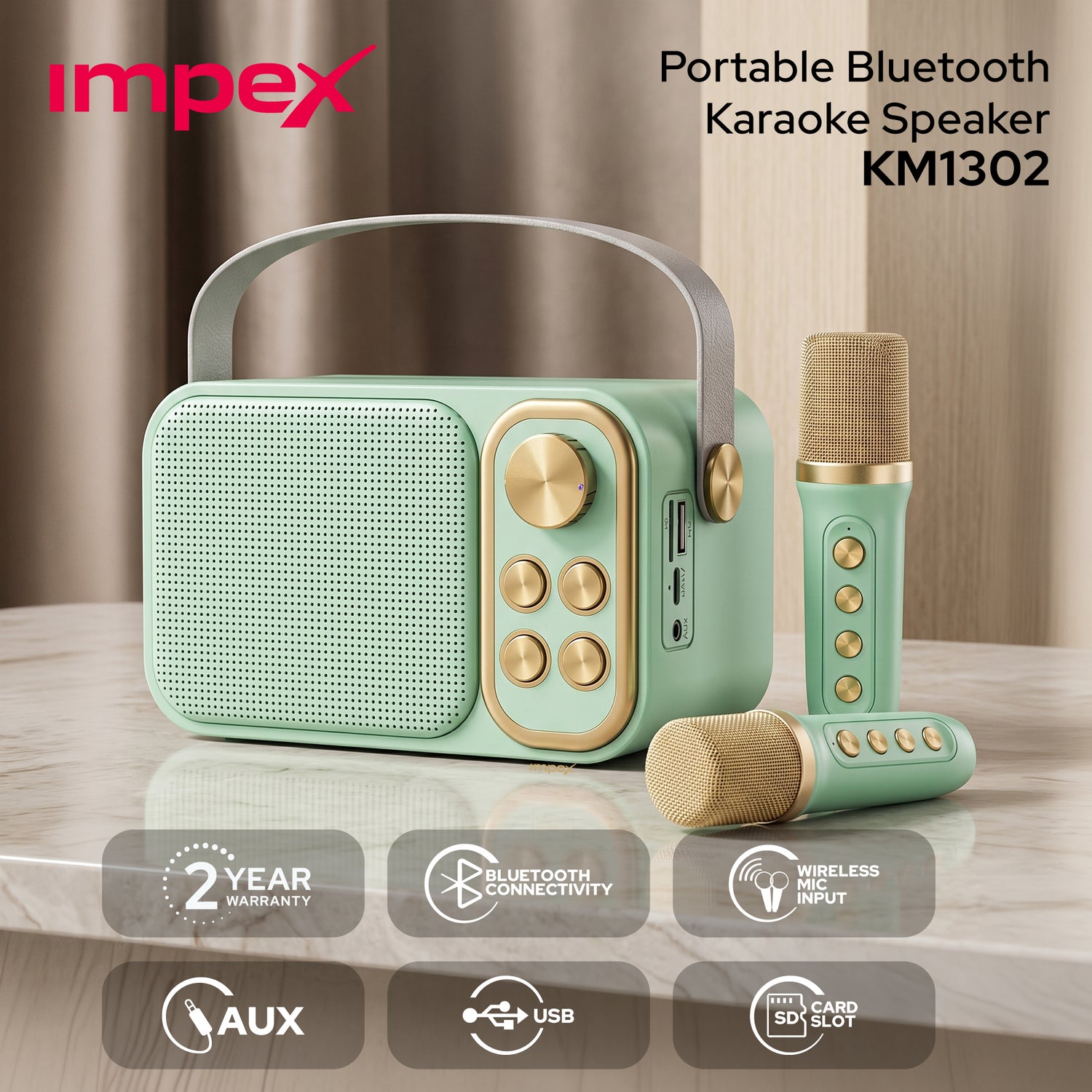 Portable Bluetooth Karaoke Speaker KM-1302 | 2 Wireless Mics | 1-Year Manufacturing Warranty