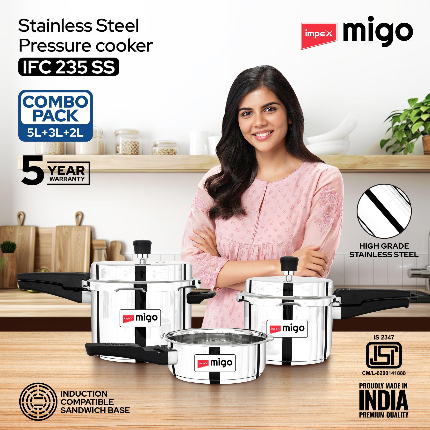 IMPEX Stainless Steel Pressure cooker IFC 235 SS L, L, L