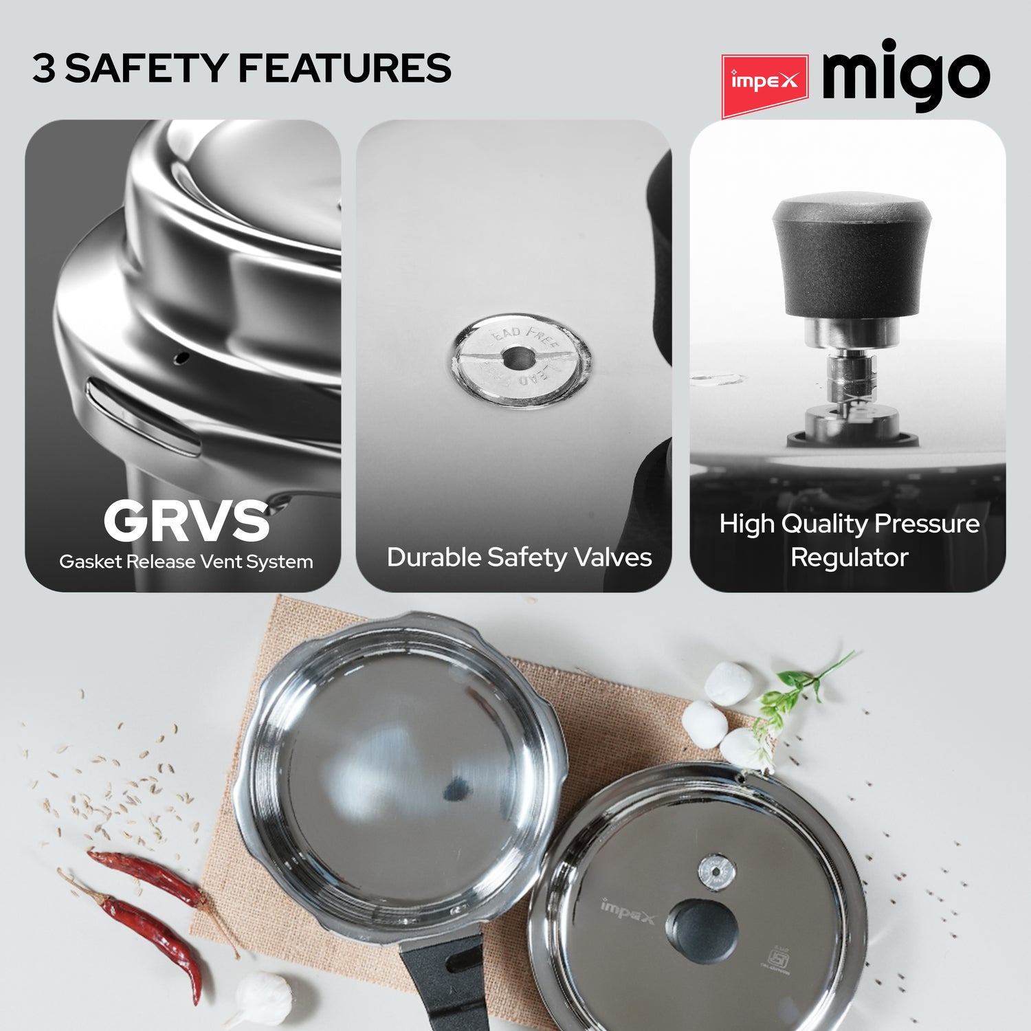 IMPEX Migo 3 Litre Stainless Steel Pressure Cooker | Induction Base Outer Lid Cooker, Silver | Sandwich Bottom, Gas & Induction Compatible, Durable & Safe