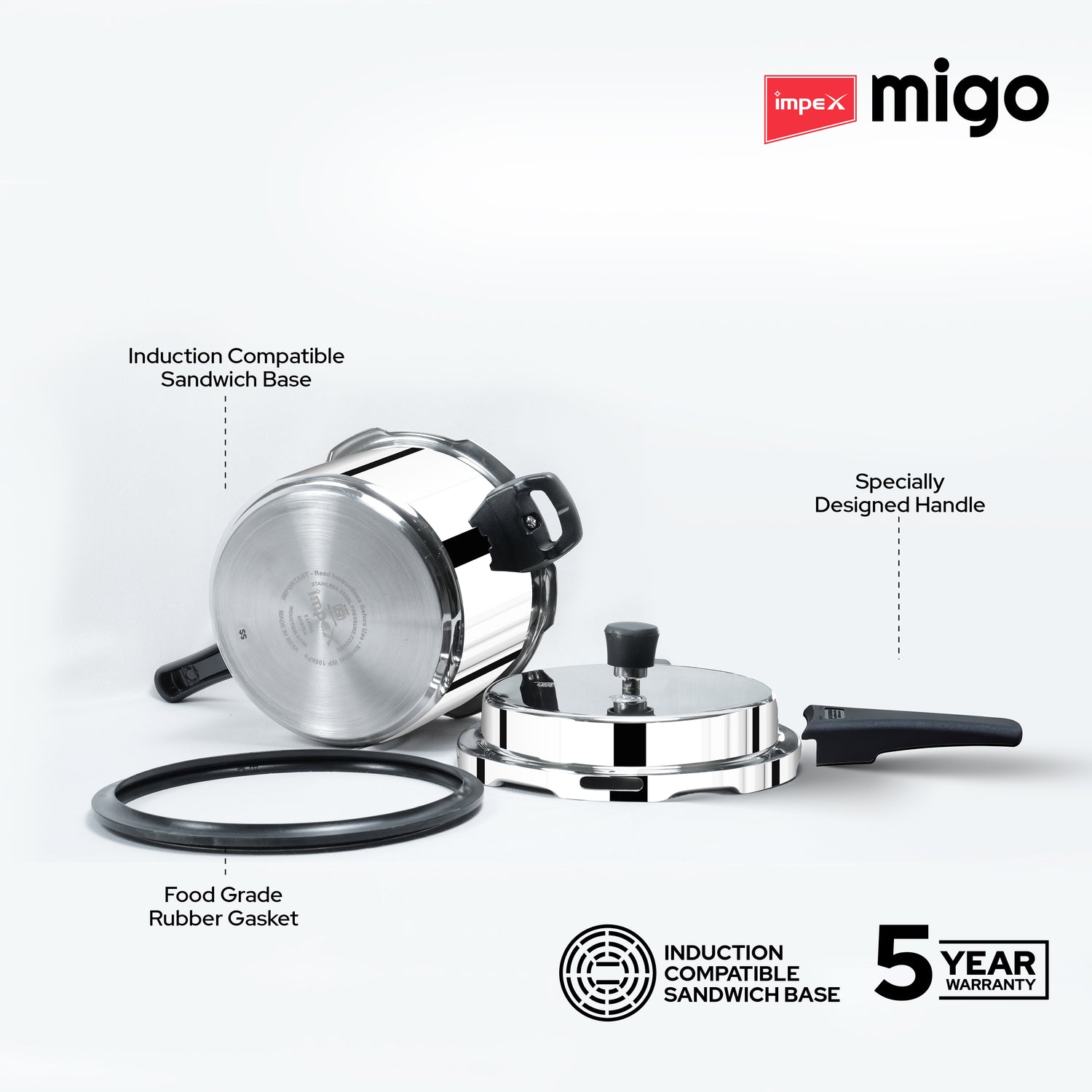 IMPEX Migo 5 Litre Stainless Steel Pressure Cooker | Induction Base Outer Lid Cooker, Silver | Sandwich Bottom, Gas & Induction Compatible, Durable & Safe