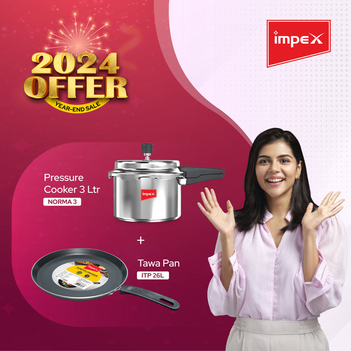 Impex Norma 3 L Non-Induction Base Aluminium Pressure Cooker with Outer Lid (Silver) and Induction Base Nonstick Aluminium Tawa Pan (IKP-2465)