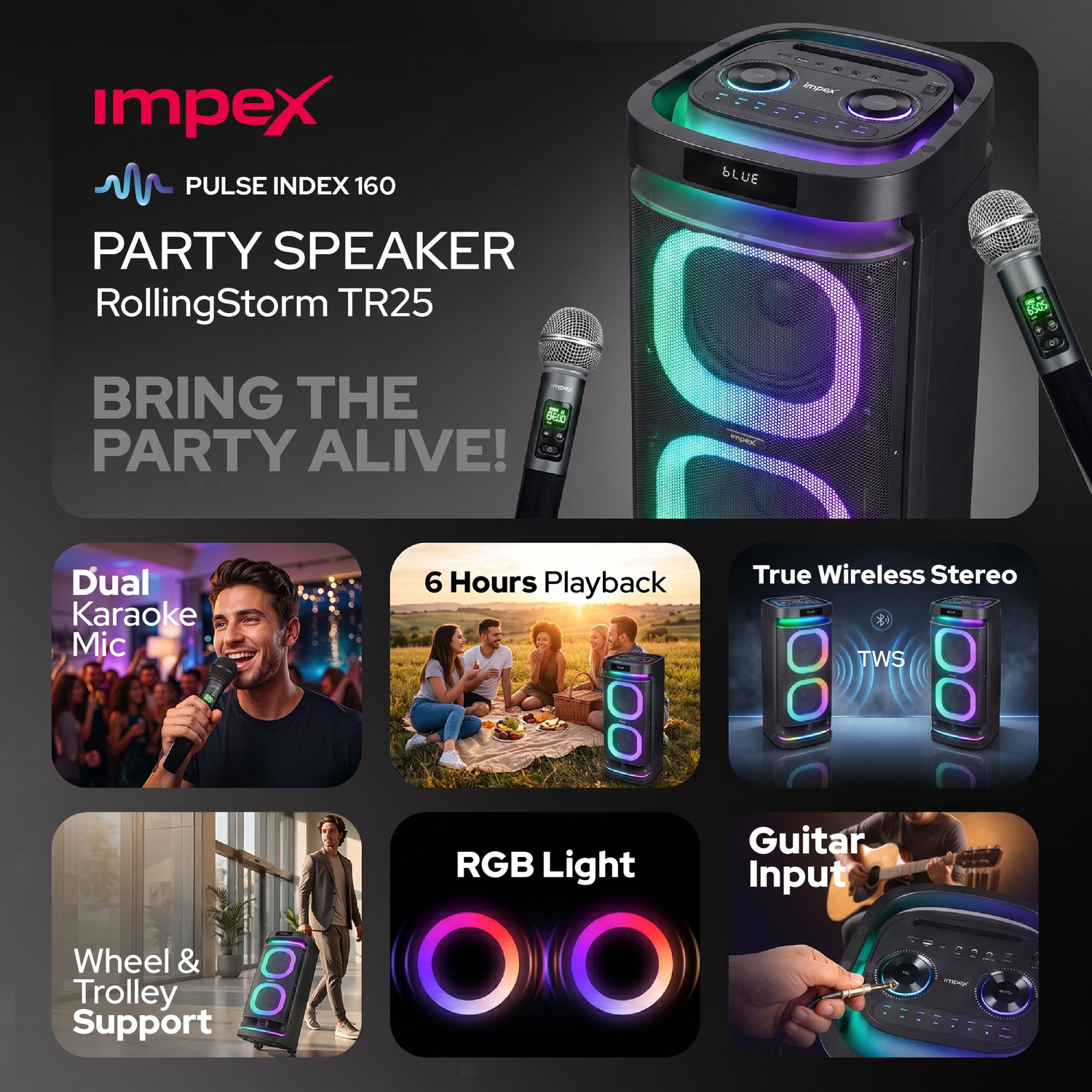 RollingStorm TR25 Party Speaker | 160W | Dual 8" Speakers | Dual Rechargeable Wireless Karaoke Mics | TWS | RGB LED Lights | Guitar Input