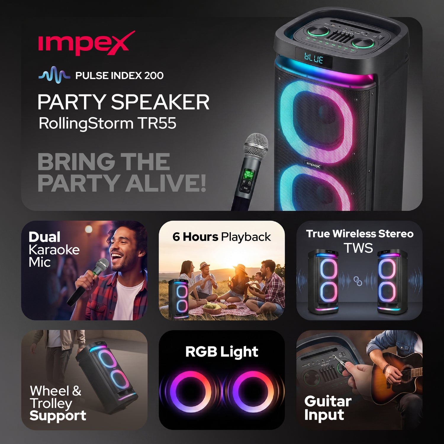 RollingStorm TR55 Party Speaker | 200W | Dual 10" Speakers | Dual Rechargeable Wireless Karaoke Mics | TWS | RGB LED Lights | Guitar Input