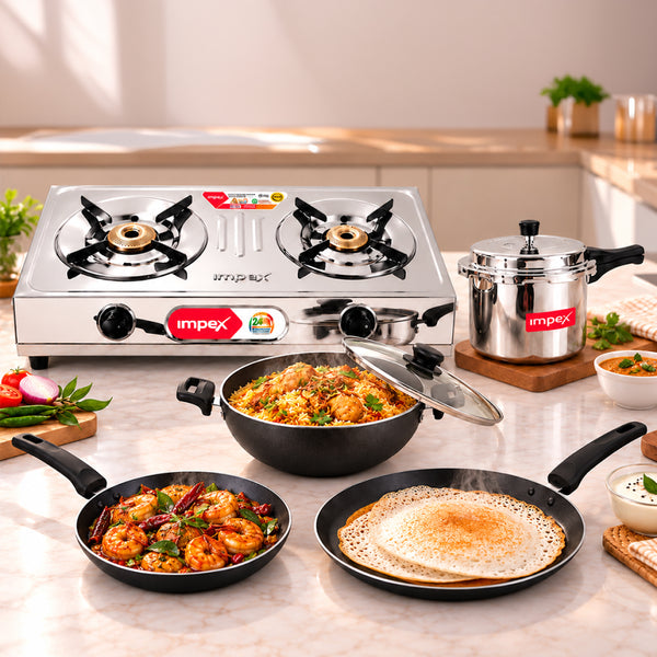 Super Saver Combo - 2 Burner Gas Stove + 3L Pressure Cooker + 4 Piece Non Stick Cookware Set