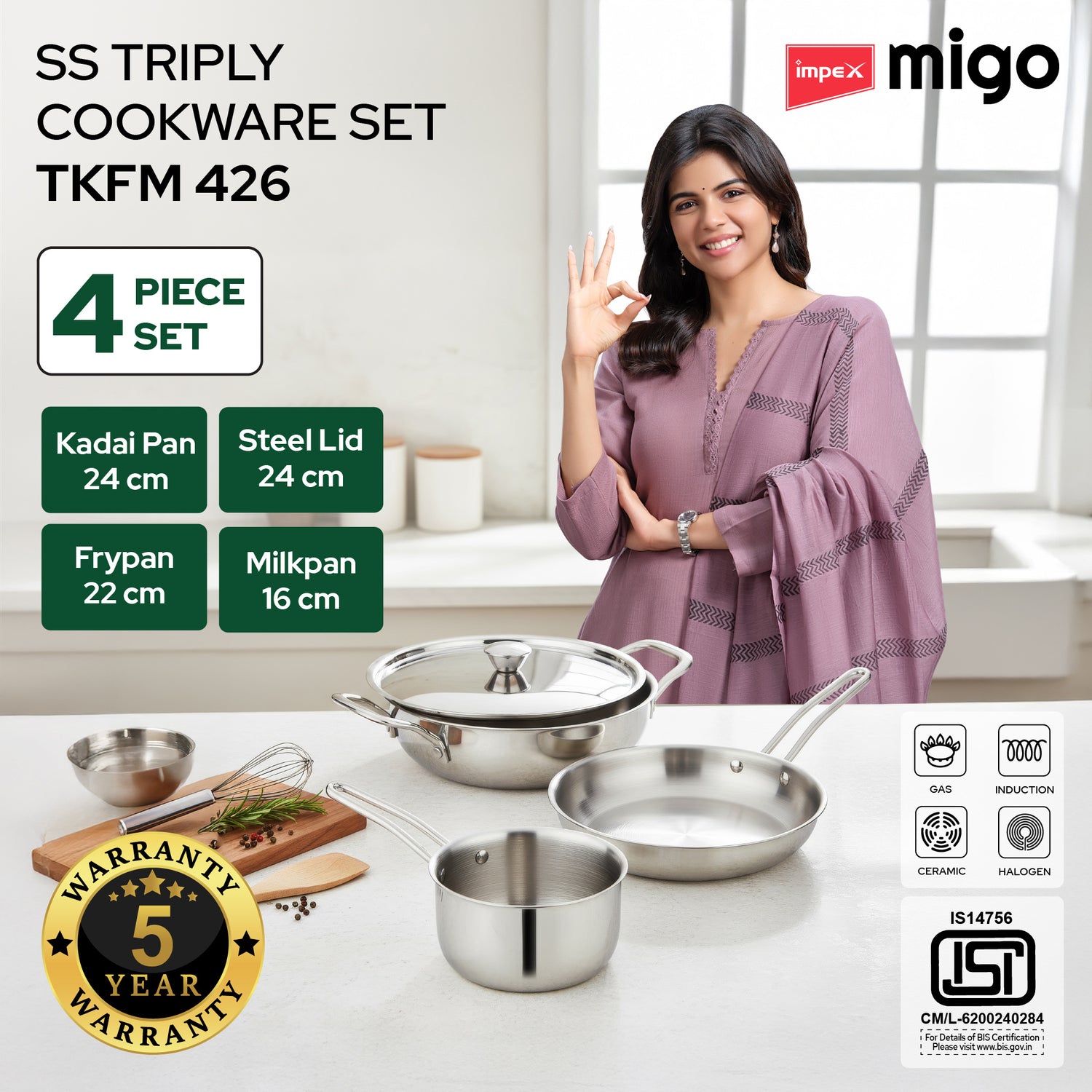 Impex TKFM 426 Migo 4-Piece SS Triply Cookware Set with  Kadai,  Fry Pan,  Milk Pan, and Stainless Steel Lid