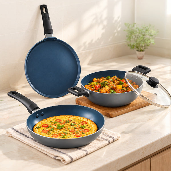 ENVY NV 444 C TRUCERA 4-Piece Ceramic Non-Stick Cookware Set | Induction & Gas Compatible | 24cm Kadhai, Frypan & Tawa with Glass Lid | 2-Year Warranty