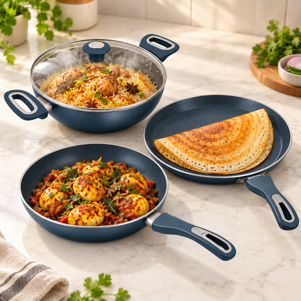 Trucera KTF 464 (CKTF 646G) | 4-Piece Ceramic Coated Cookware Set with Tawa, Fry Pan, Kadai, and Glass Lid