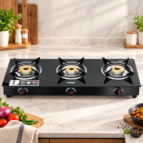 Welfire 3B Gas Stove | 3 Brass Burners | Toughened Glass Top | ISI Certified | Powder-Coated Body