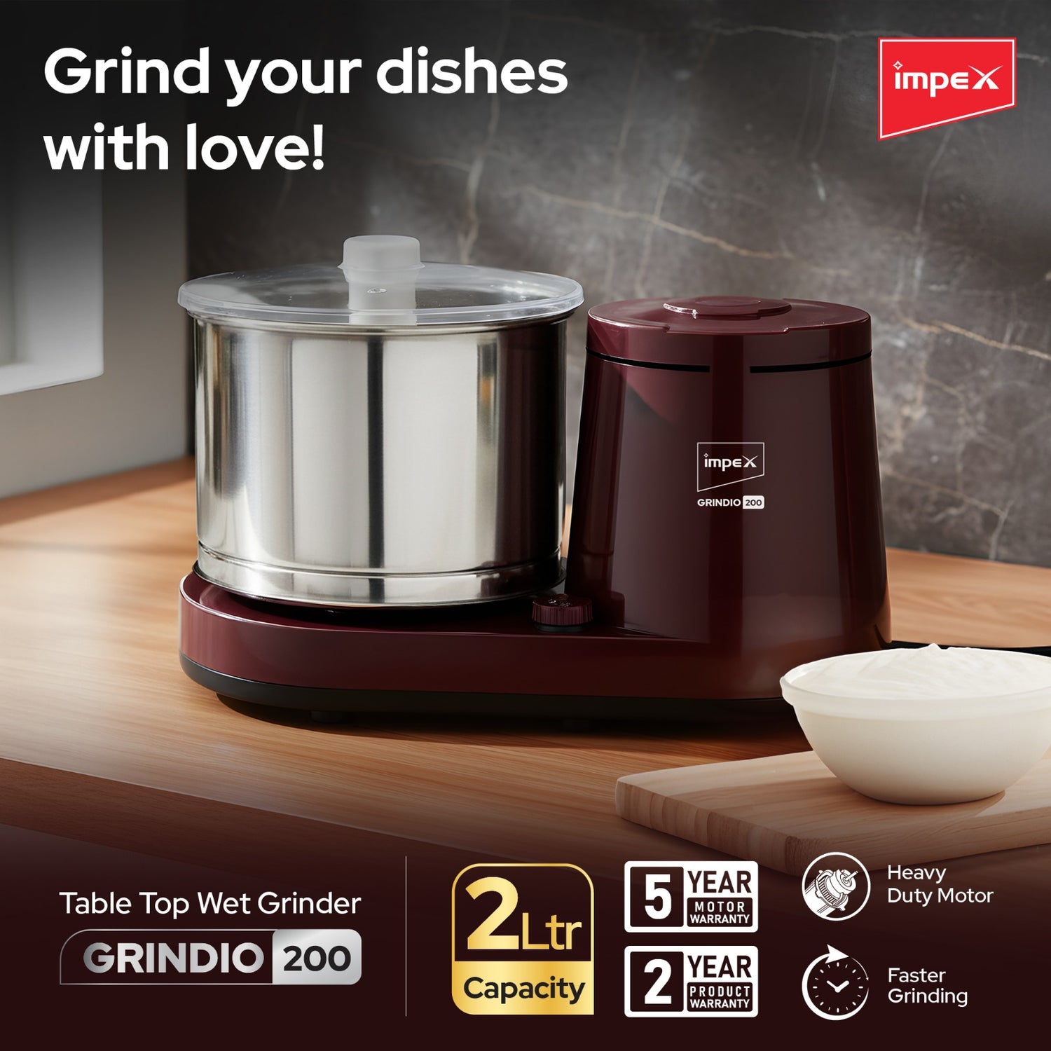 Impex GRINDIO 200 Table Top Wet Grinder, 2 Litre Capacity, with 150W Motor and 5-Year Motor Warranty