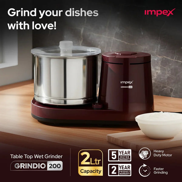 GRINDIO 200 Table Top Wet Grinder | 2 Litre | 150W Motor | 5 Year Motor Warranty