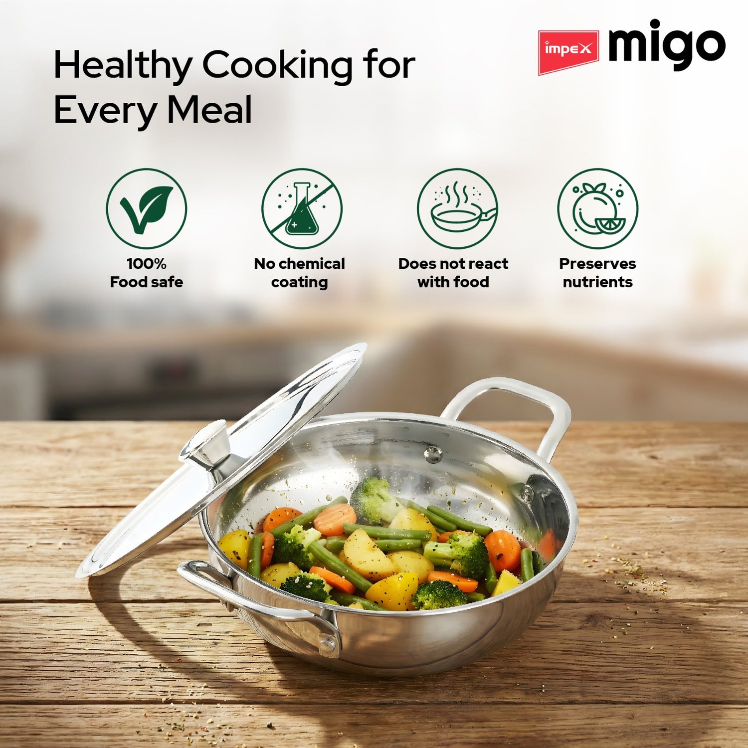 Migo Triply Ultra-Thick Deep Kadai - Uniform Heating, Super Strong SS Wired Handles and Non-Rustic Material Kadhai 24 cm diameter with Lid 2.9 L capacity (Triply, Induction Bottom)