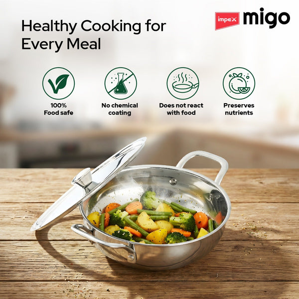 MIGO Migo Ultra-Thick Deep Kadai | Uniform Heating | Super Strong SS Wired Handles and Non-Rustic Material | Kadhai 24 cm diameter with Lid 2.9 L capacity