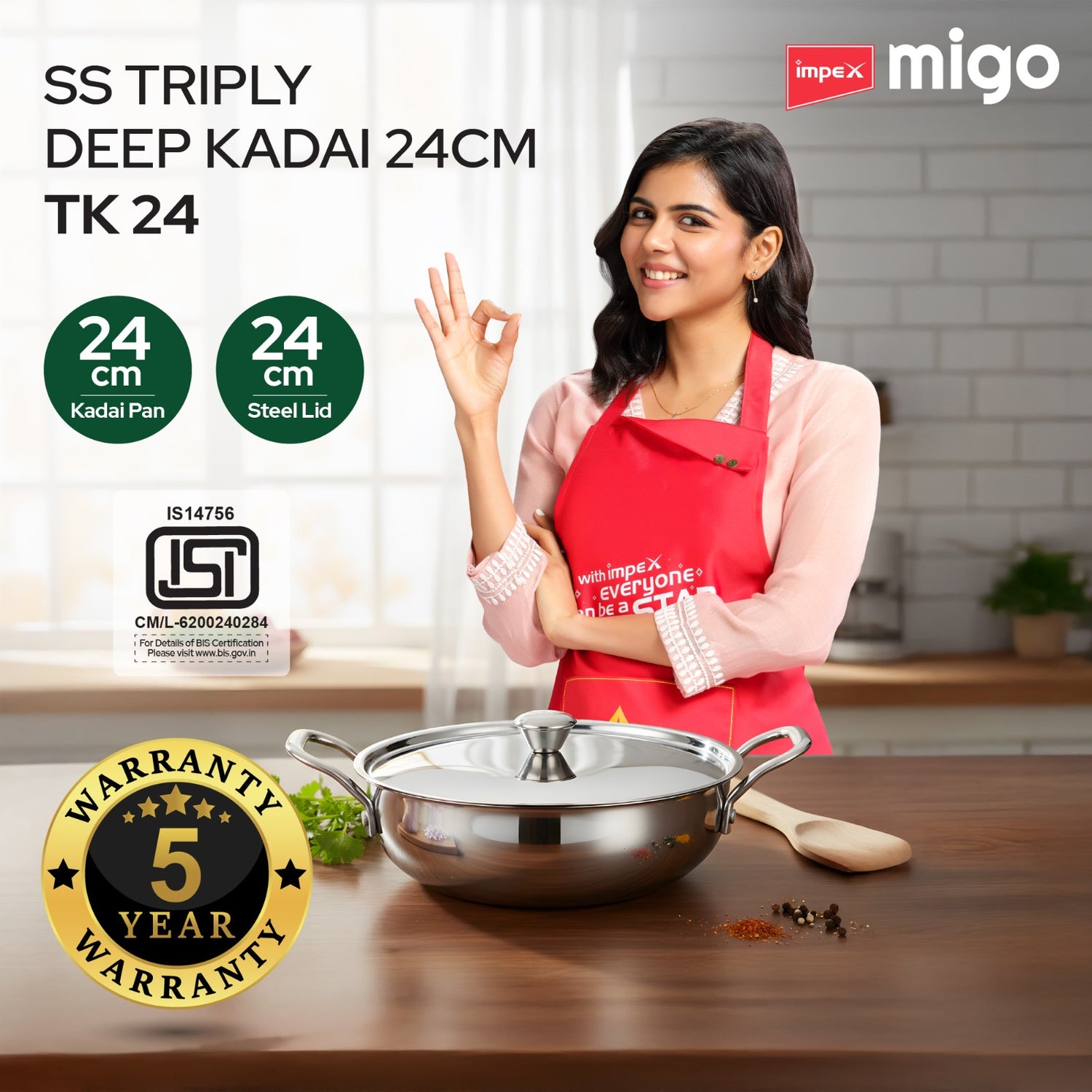 Migo Triply Ultra-Thick Deep Kadai - Uniform Heating, Super Strong SS Wired Handles and Non-Rustic Material Kadhai 24 cm diameter with Lid 2.9 L capacity (Triply, Induction Bottom)