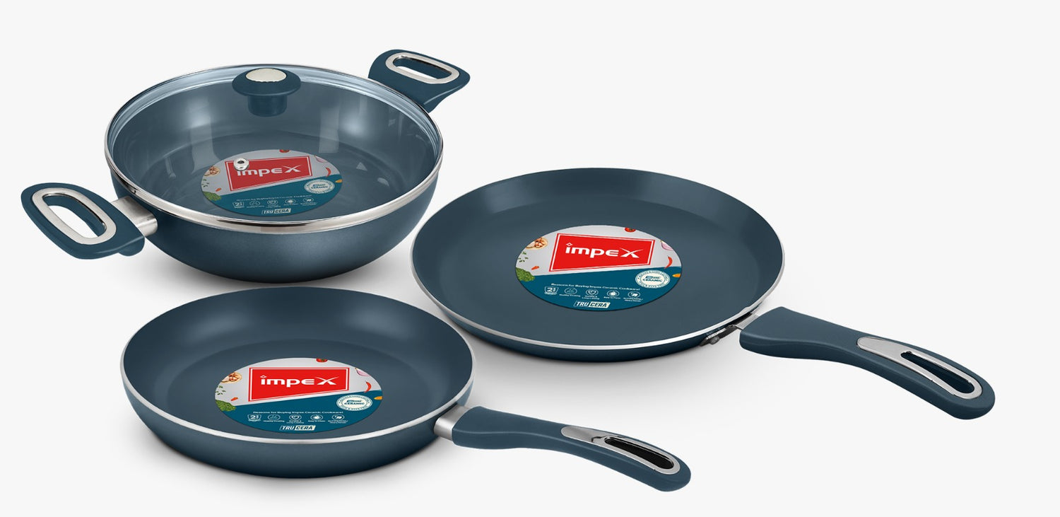 Impex Trucera KTF 464 (CKTF 646G) 4-Piece Ceramic Coated Cookware Set with Tawa, Fry Pan, Kadai, and Glass Lid