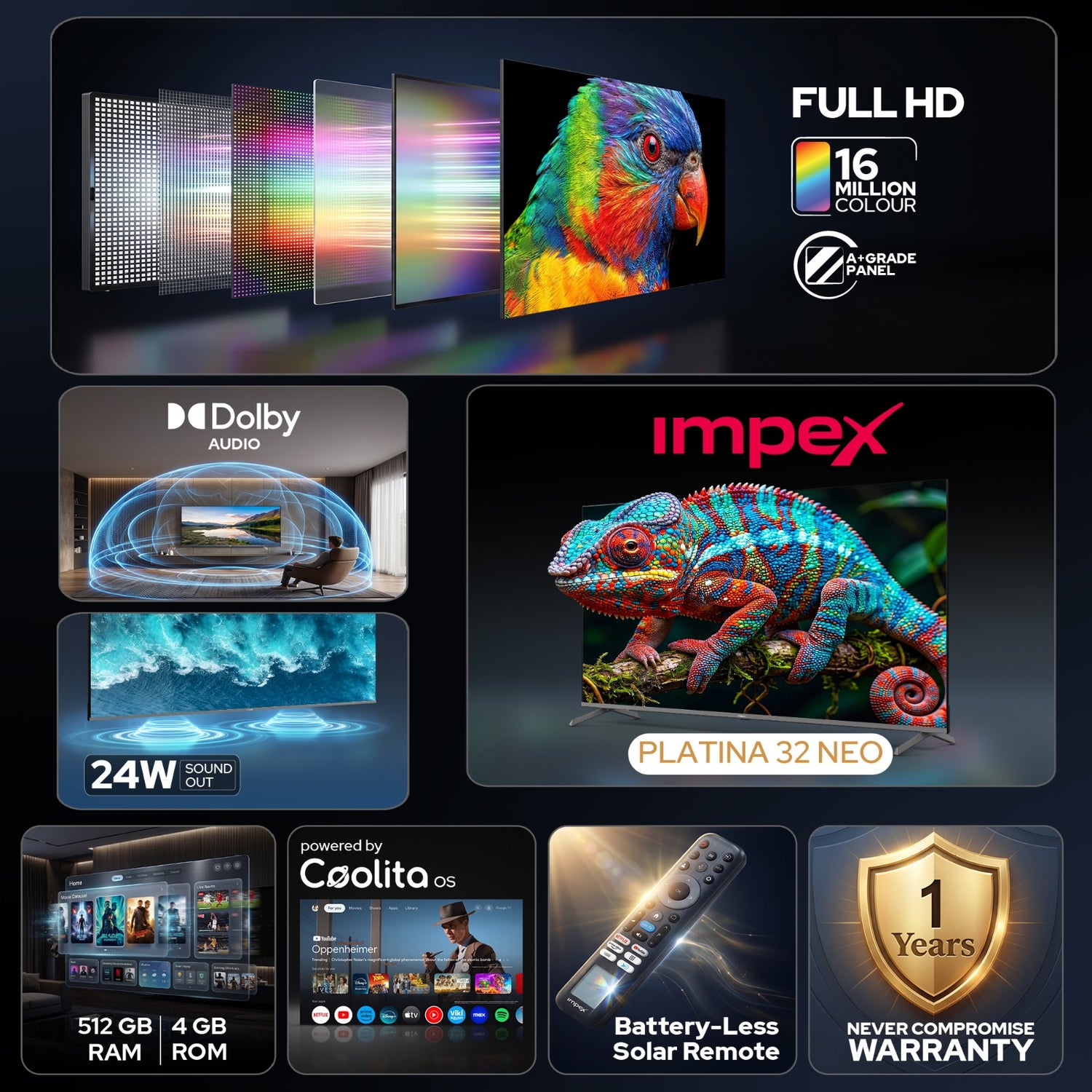 PLATINA 43 NEO43 Inch Full HD Smart LED TV | Dolby Audio | Surround Sound | A+ Panel | 16.7 Million Colors | Coolita OS | 60Hz