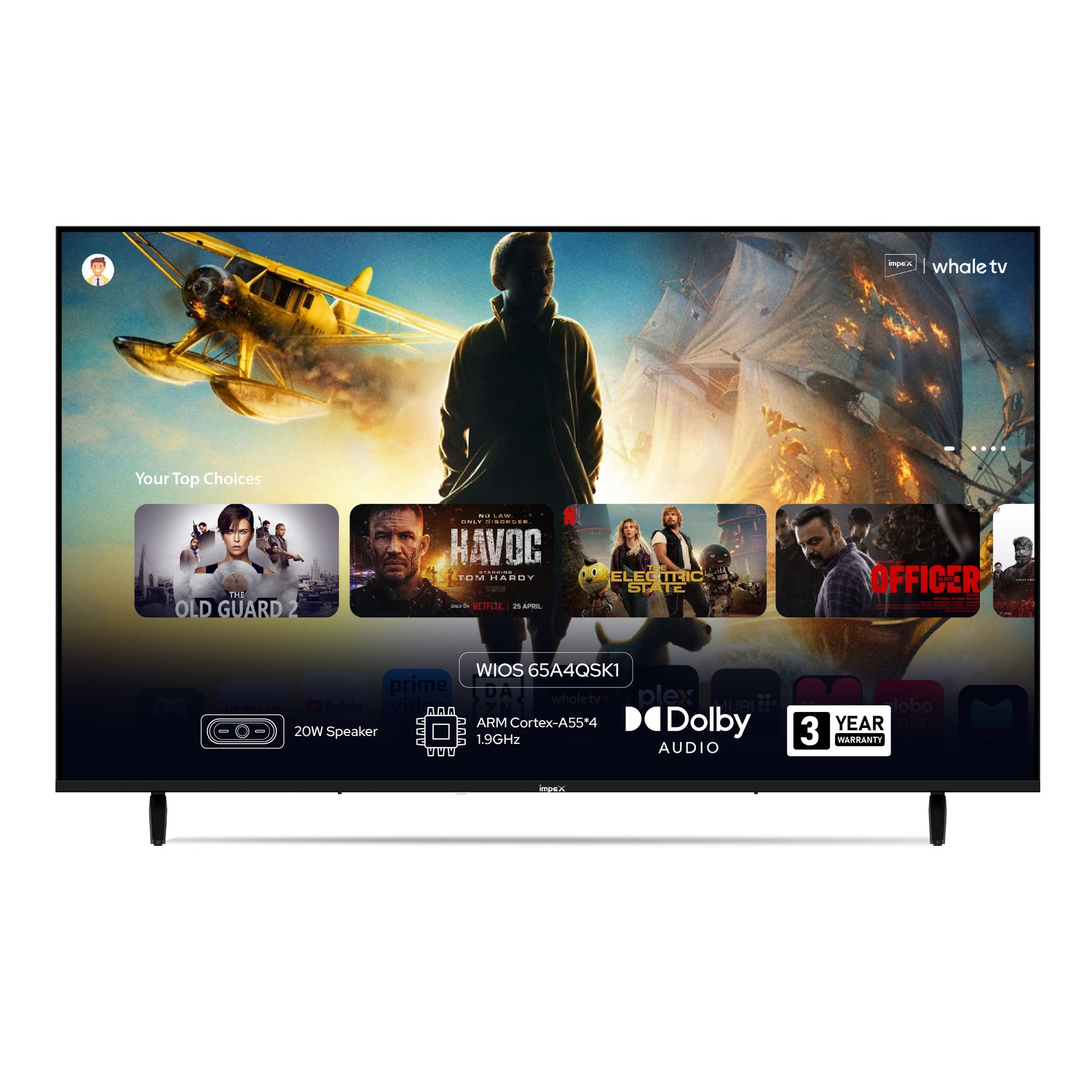 Impex WIOS Whale Series 65-inch 4K UHD QLED Smart TV with Dolby Vision, HDR10, and 3-Year Warranty (Black)