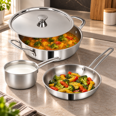 MIGO 4 Piece Stainless Steel Triply Cookware Set TKFM 426| Kadai, Fry Pan, Milk Pan and Lid