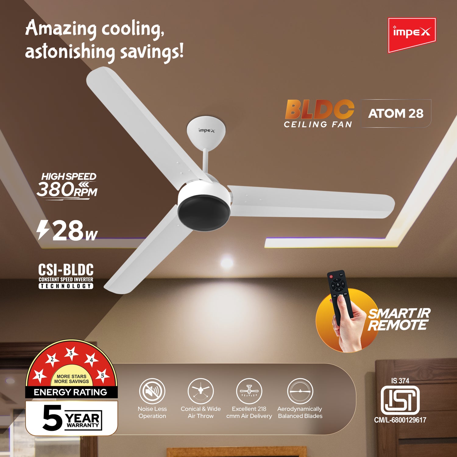 Impex BLDC Ceiling Fan ATOM 28 5 Star Rated Ceiling Fans for Home with Remote Control | Upto 65% Energy Saving High Speed Fan Having 5 Years Warranty (Matte White)