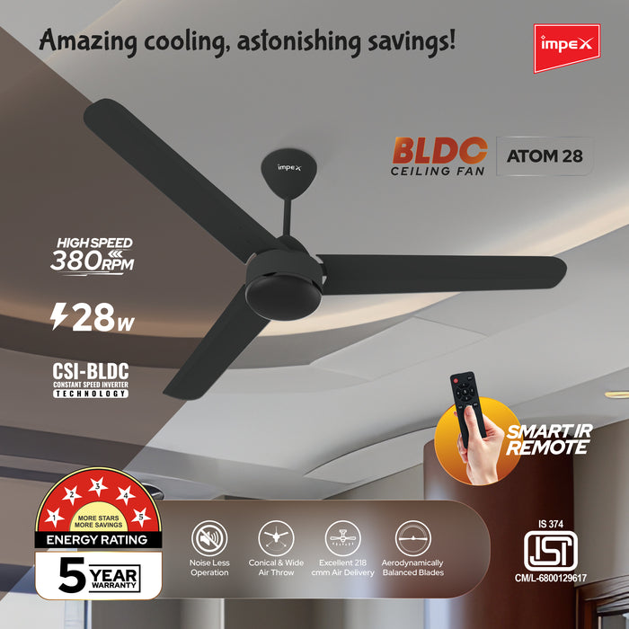 Impex BLDC Ceiling Fan ATOM 28 5 Star Rated Ceiling Fans for Home with Remote Control | Upto 65% Energy Saving High Speed Fan Having 5 Years Warranty (Smoke Brown)