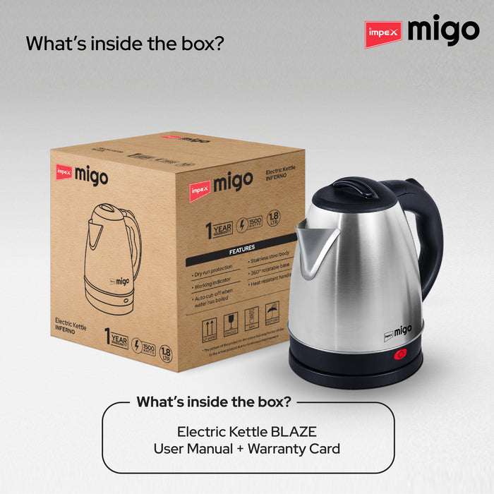 Impex Migo Inferno Stainless Steel Electric Kettle 1.8 Litre 1500 Watts 1 Year Warranty