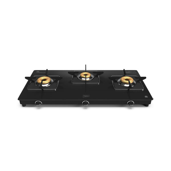 Impex Aspira Glaze 3 Burner Glass Top Gas Stove | 2 Jumbo + 1 Brass Burner | Stainless Steel Spill Base | Blue Flame | 68% Thermal Efficiency | 2 Year Warranty