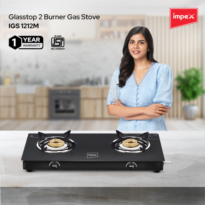 Impex IGS 1212M Glass Top 2 Burner Gas Stove, Manual Ignition, ISI Certified, 2-Year Warranty, Black