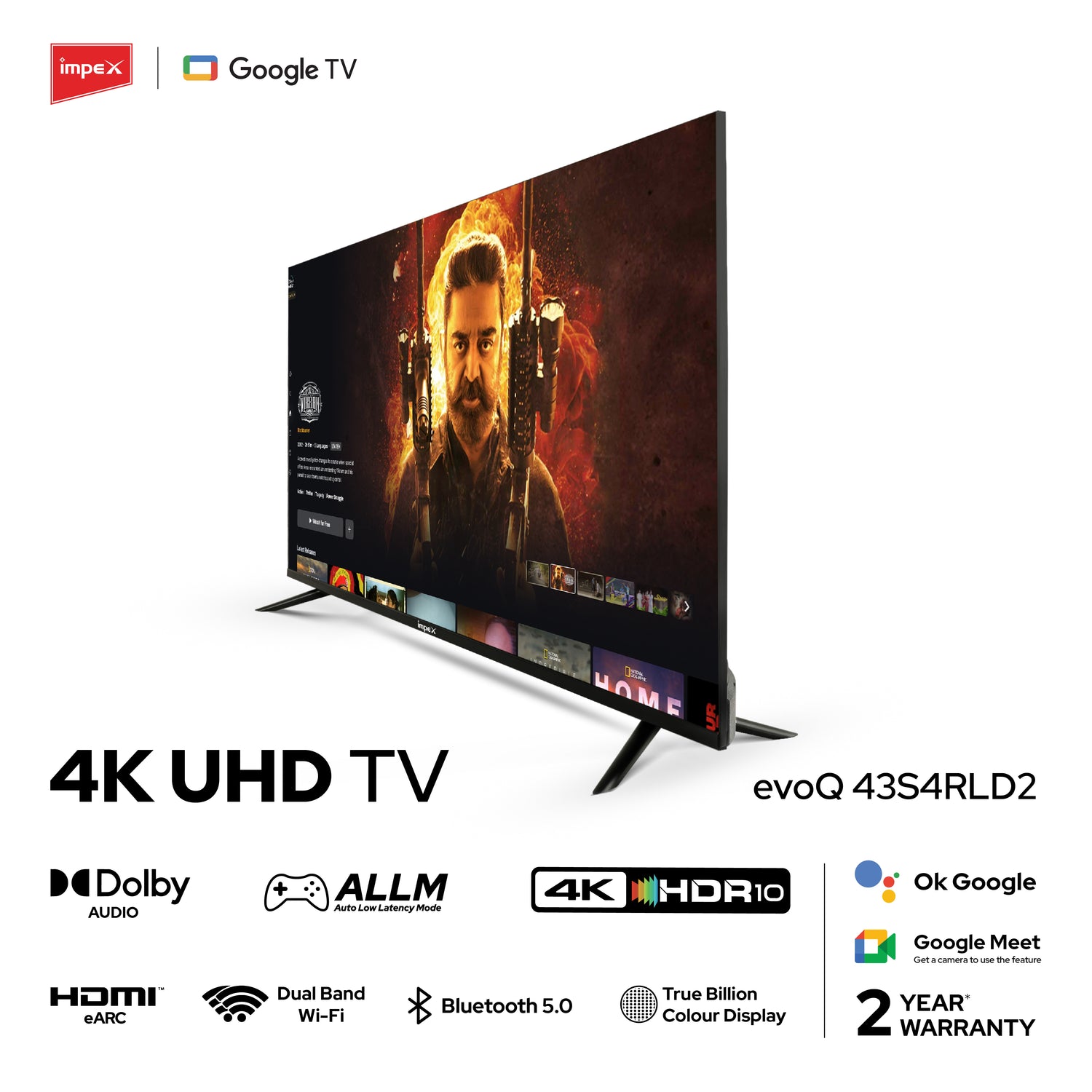 Impex 108 cm (43 Inches) UHD Google TV evoQ 43S4RLD2 | Android 11 | HDR | LED TV | 4 Years Warranty | Storage Memory 8GB and 2 GB RAM (Black)