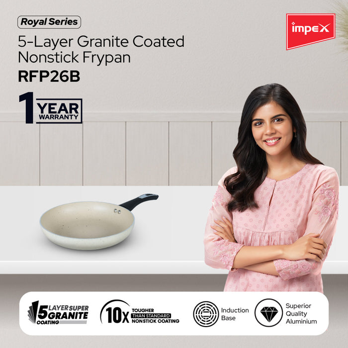Impex Royal Granite nonstick Fry pan 26 cm (RFP26B) with 5-Layer Granite Coating, Induction Base Frypan Compatible for Induction, Electric and Gas Stove Tops Having 1 Year Warranty (Beige)