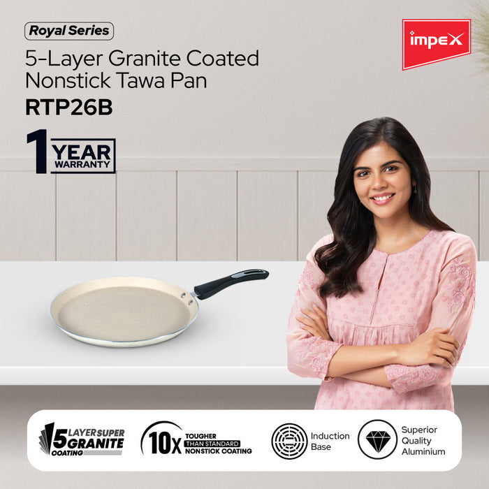 Impex Royal Granite nonstick Fawa pan 26 cm (RTP26B) with 5-Layer Granite Coating, Induction Base Frypan Compatible for Induction, Electric and Gas Stove Tops Having 1 Year Warranty (Beige)