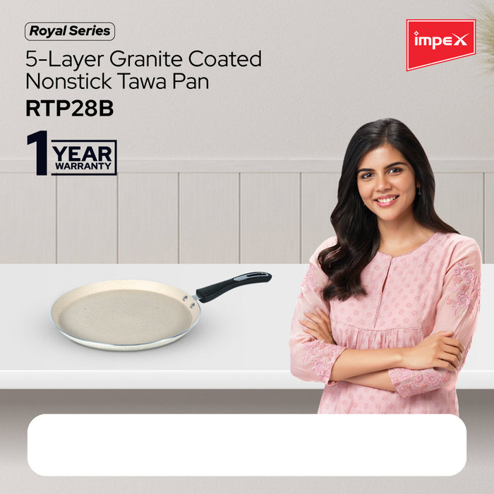 Impex Royal Granite nonstick Tawa pan 28 cm (RTP28B) with 5-Layer Granite Coating, Induction Base Tawa pan Compatible for Induction, Electric and Gas Stove Tops Having 1 Year Warranty (Beige)