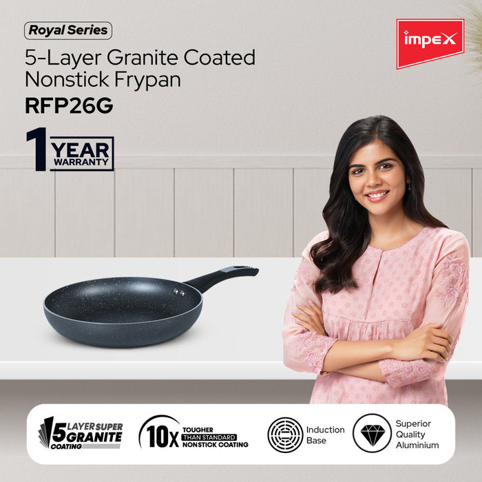 Impex Royal Granite nonstick Fry pan 26 cm (RFP26G) with 5-Layer Granite Coating, Induction Base Frypan Compatible for Induction, Electric and Gas Stove Tops Having 1 Year Warranty (Grey)