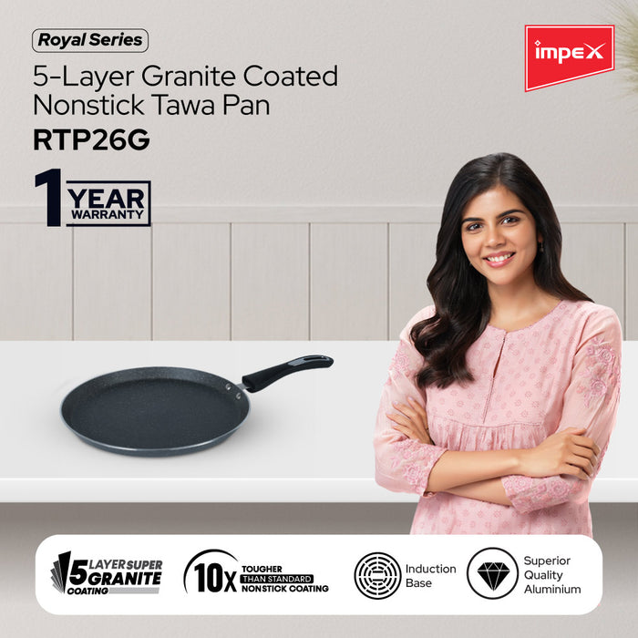 Impex Royal Granite nonstick Tawa pan 26 cm (RTP26G) with 5-Layer Granite Coating, Induction Base Tawa pan Compatible for Induction, Electric and Gas Stove Tops Having 1 Year Warranty (Grey)